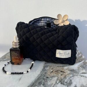 Moon Nude Large makeup bag black quilted furry fluffy plaid gingham white